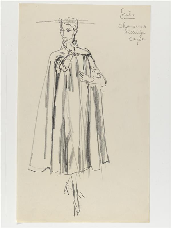 Modetekening van cape Madame Grès