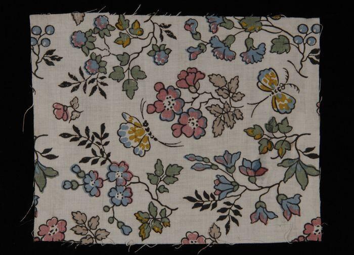 Stofstaal, katoen met veelkleurig bloemdessin met vlinders, Kralingse katoenaatschappij, "3256"