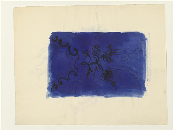 Ontwerp voor een beschilderde stof, blauw met guirlandes en bloemtoef in zwart