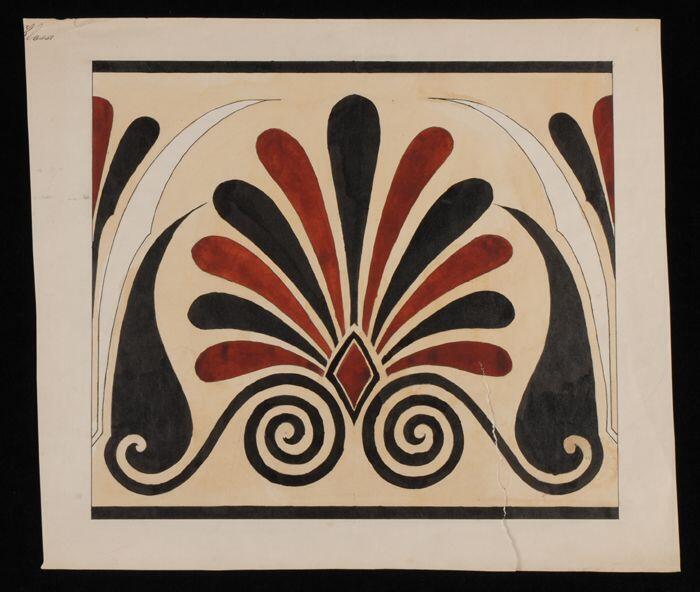 Ontwerptekening, palmetvormig symmetrisch ornament in zwarte inkt en zandkleurige en roodbruine…