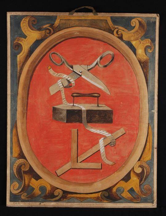 Ontwerp voor blazoen voor kleermakersvereniging "Amicitia", met afbeelding van schaar strijkbout,…