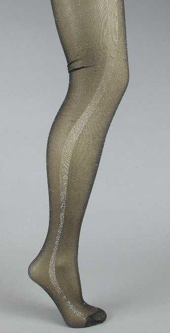 Panty van zilverurex en zwart nylon brede zilveren band langs het buitenbeen, met versterkte teen…