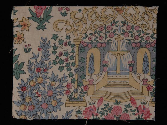 Stofstaal, katoen met veelkleurig dessin met bloemen, prieel en fontein, Kralingse…