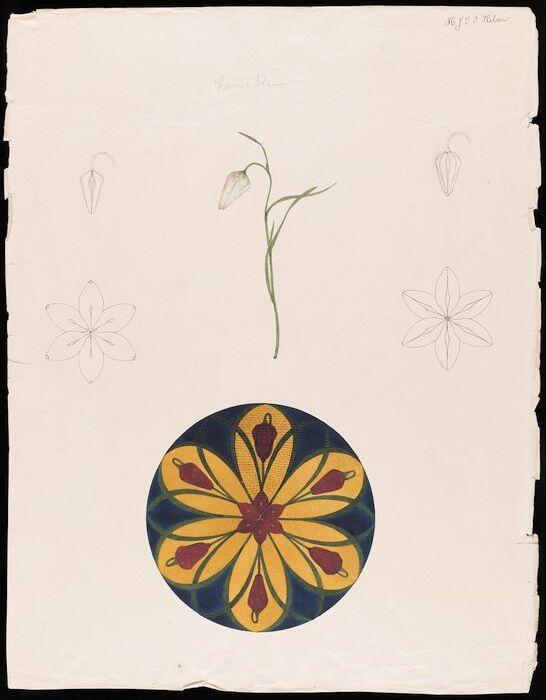 Zes tekeningen van kievitsbloem en gestileerde details, in inkt en aquarel op ivoorkleurig papier,…