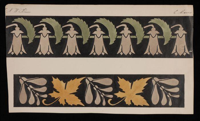 Ontwerptekening met twee ornamentele randen met gestileerde florale motieven in zwarte inkt en…