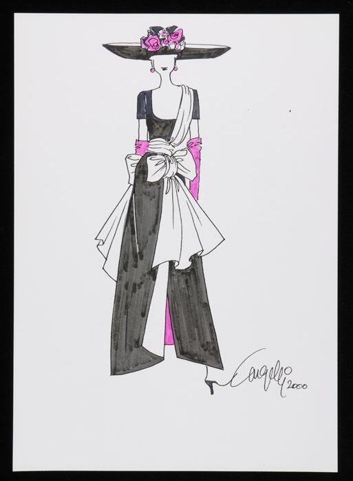 Mode-tekening, ontwerptekening in gemengde technieken op wit papier, "Cargelli 2000"