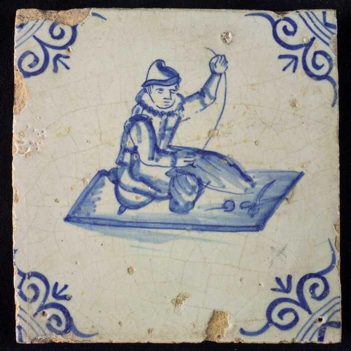Figuurtegel, blauw, kleermaker, hoekmotief ossenkop