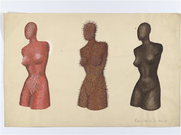Tekening van drie vrouwentorsen met gestileerd hoofd