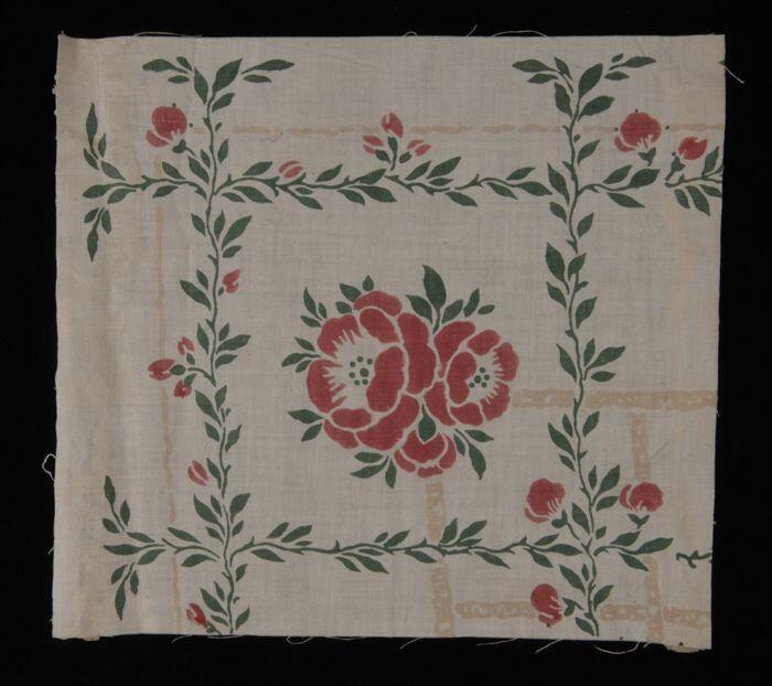 Stofstaal, katoen met dessin met bloemen en ranken in roze en groen, Kralingse katoenaatschappij, …