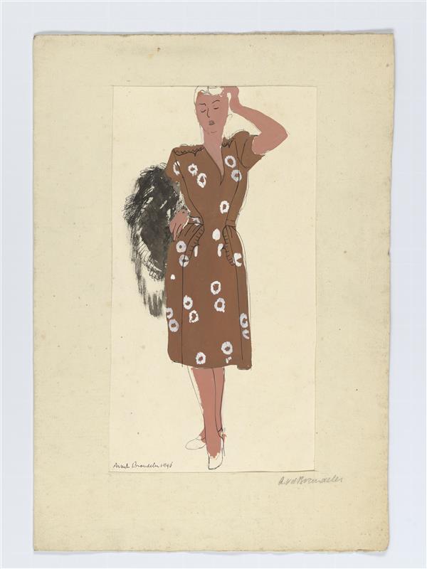 Ontwerptekening van mevrouw van Hoey Smith-Boellaard, gekleed in jurk met korte mouwen en V-hals