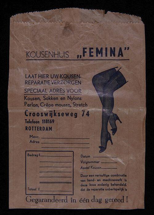 Papieren zak van kousenhuis "Femina", te gebruiken bij reparatie van kousen