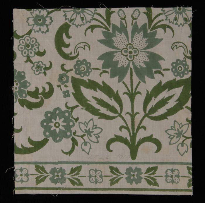 Stofstaal, katoen met dessin met bloemranken in twee tinen groen, Kralingse katoenaatschappij, …