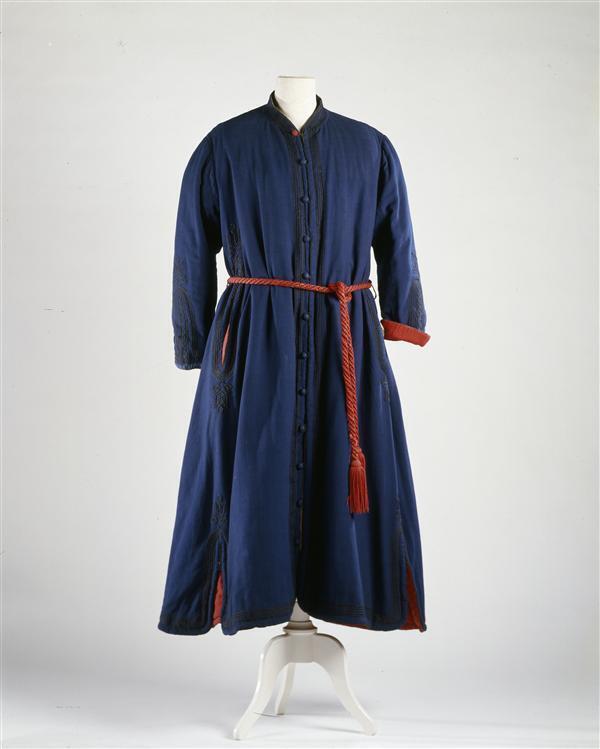 Ochtendjas (man) van blauw wollen flanel, gevoerd met rood wollen flanel, met koord van gedraaid…