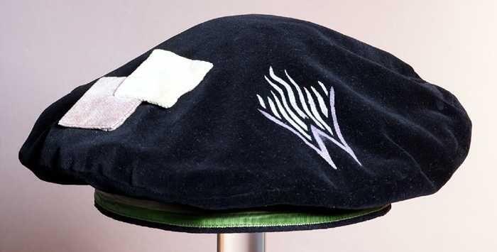 Zwart fluwelen studentenbaret, groen-wit-groen band, crème met lila decoraties
