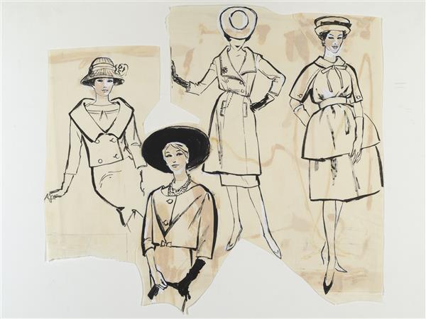 Modetekening van trois-pièces Dior, deux-pièces Cardin, tunique Chanel en tunique Ricci