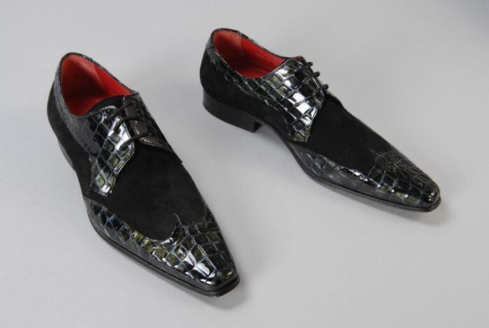 Paar zwarte suède met slangenleerprint herenschoenen met veters, "Corbeau"