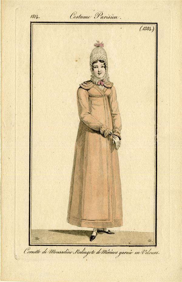 Costume Parisien 'Cornette de Mousseline. Redingote de Mérinos garnie en Velours'