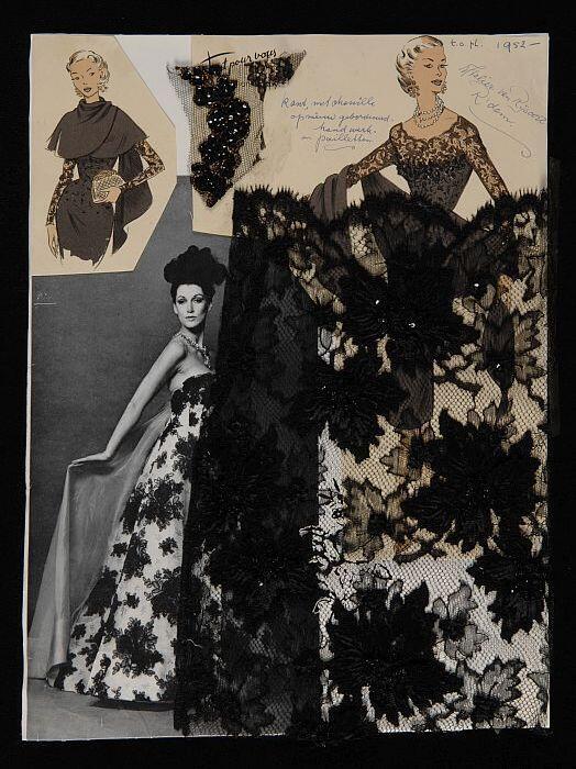 Stalenblad met collage en twee opgeplakte zwarte borduurstalen, met chenille, pailletten en kralen…