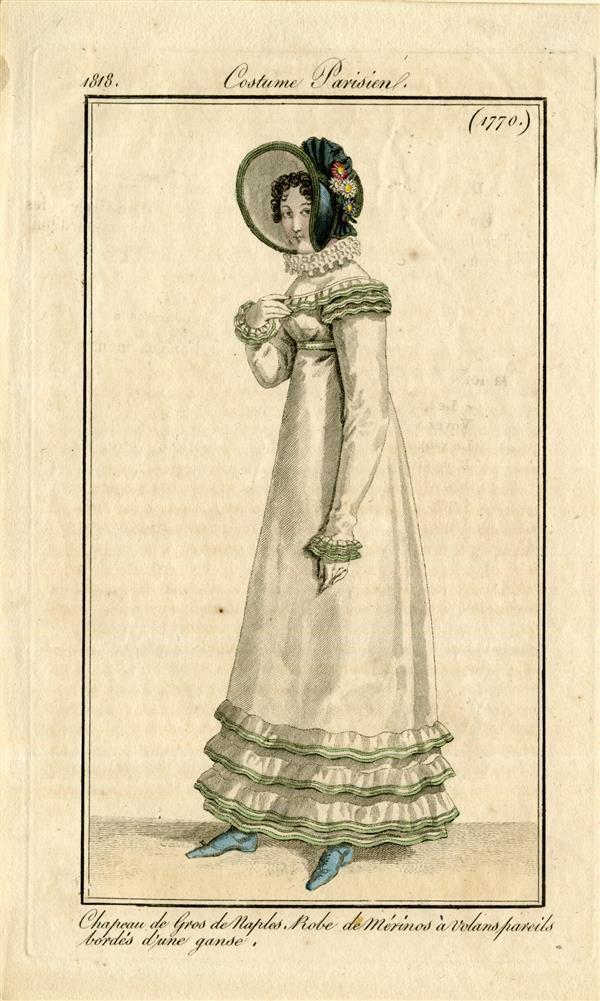 Costume Parisien 'Chapeau de gros de Naples. Robe de Mérinos à volans pareils bordés d'une ganse'