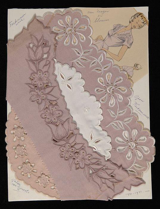 Stalenblad met collage en vier applicaties in roze en wit met open feston, Atelier Van Rijsoort