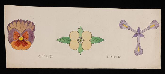 Ontwerptekening, drie bloemen in zwarte inkt en gekleurde gouache, oefening