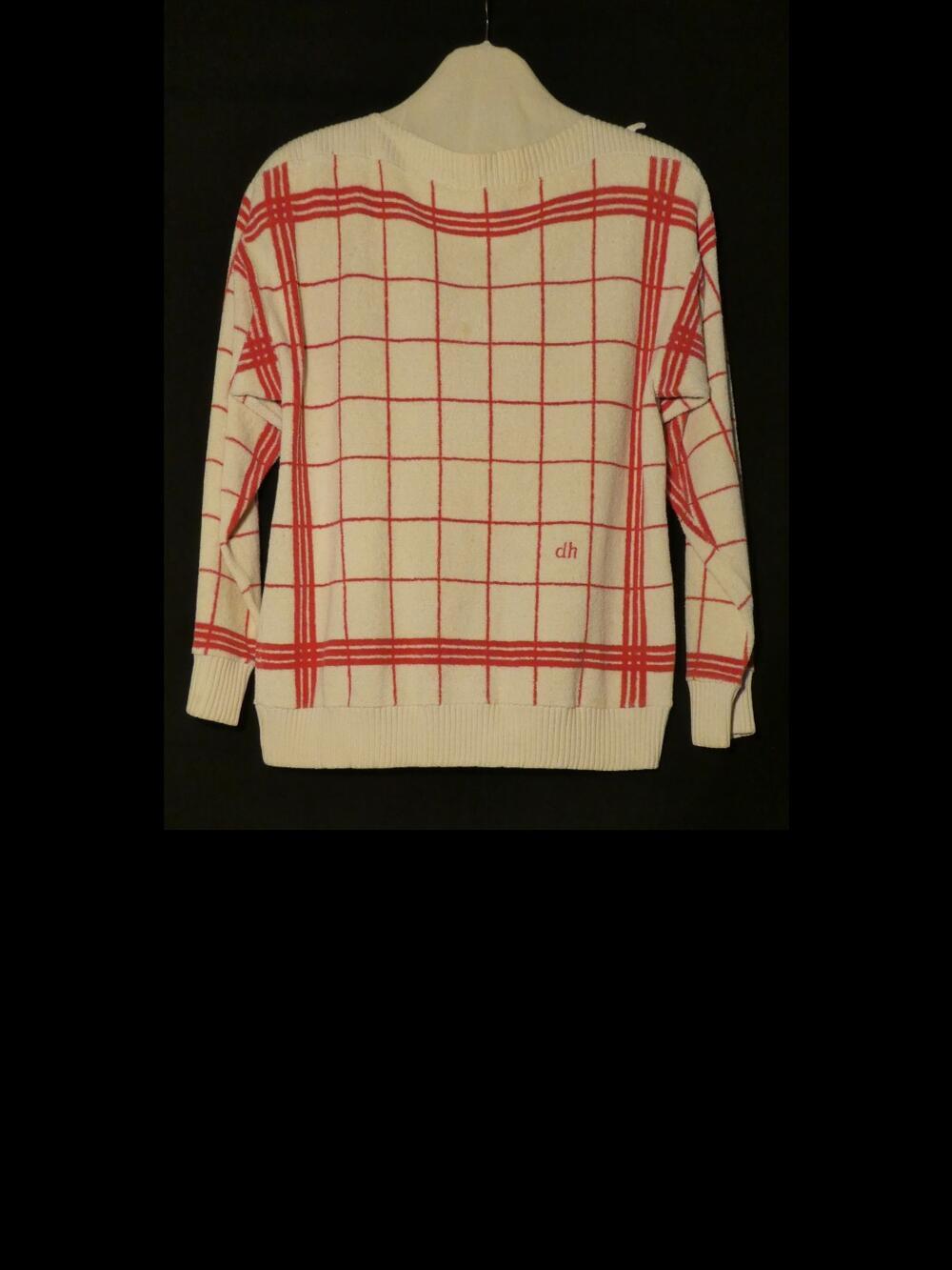 Trui van cremekleurig katoenen badstof met 'theedoek' ruit print in rood, sweater model met…