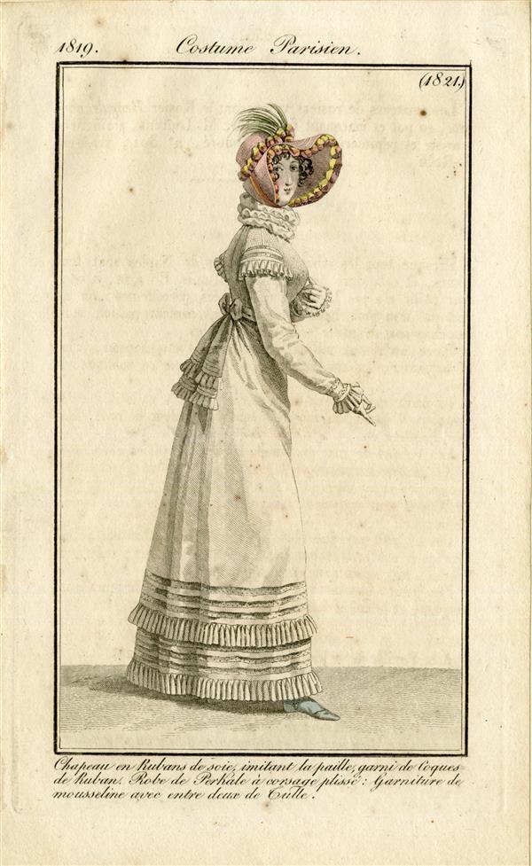 Costume Parisien 'Chapeau en Rubans de soie, imitant la paille, garni de Coques de Ruban(...)'