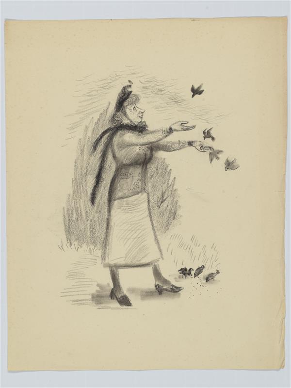 Tekening van vrouw met sjaal en hoedje die vogeltjes voert