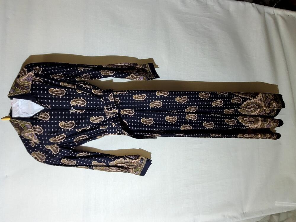Jurk, lang model van bedrukte katoen, buta- of kashmiermotieven in beige, donkerbruin en groen op…