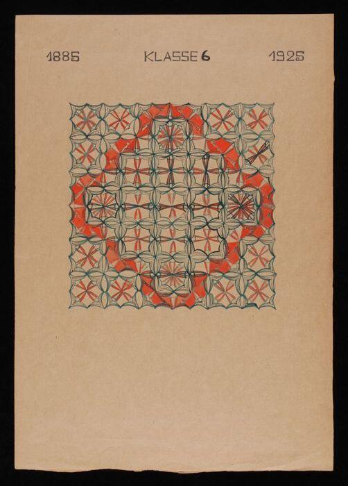 Presentatieblad, bruin papier met een gekleurd geschilderd voorbeeld van een handwerkpatroon, "1885…