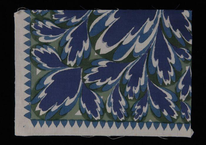 Stofstaal, katoen met dessin van bladvormen in tinen groen en blauw, Kralingse katoenaatschappij, …