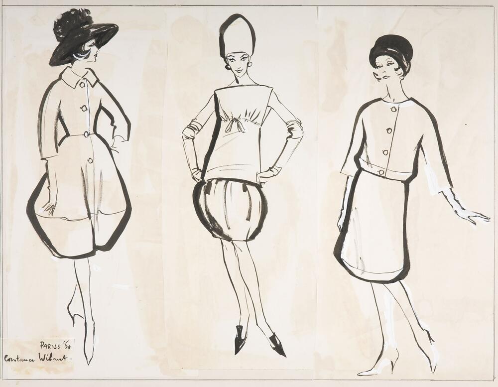 Modetekening van mantel Griffe, jurk Dior en deux-pièces Lanvin