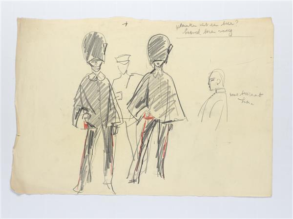 Illustratie van twee guardsmen met regencapes, marinier en mannenportret