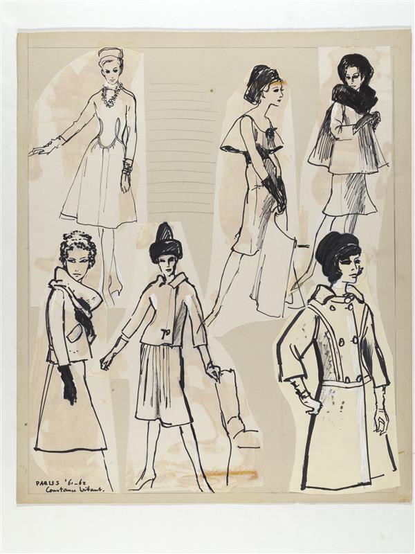 Modetekening van mantelpak Cardin, ensemble Dior, jurk Griffe en mantel Lanvin