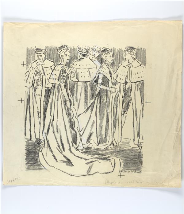 Illustratie van drie vrouwen in lange jurken en mantels en drie mannen in kuitbroeken en capes, bij…