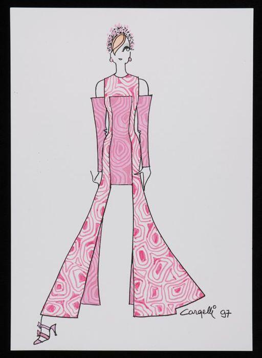 Mode-tekening, ontwerptekening in gemengde technieken op wit papier, "Cargelli 97"