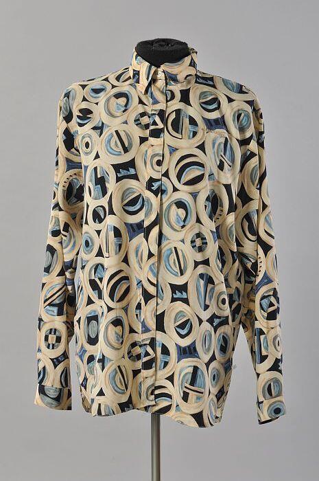 Satijnen damesblouse in beige-blauw geometrisch dessin, werkkleding Jungerhans