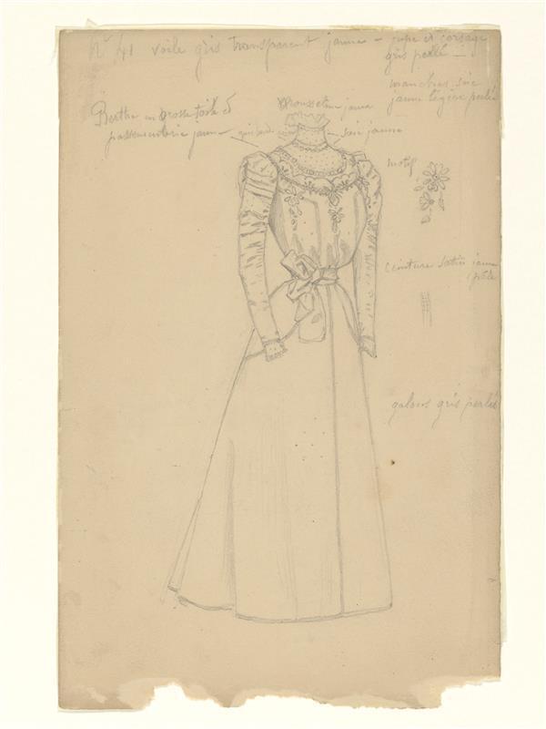 Modetekening van jurk met hooggesloten hals en ceintuur. Detail van motief