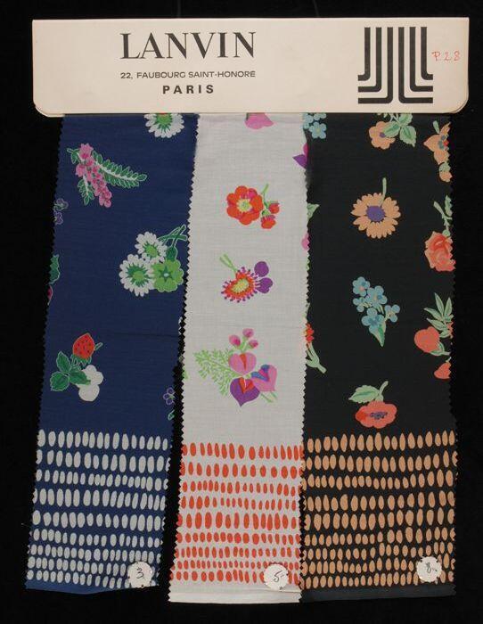 Stofstalenblad met drie stalen in veelkleurig bloemdessin, "Lanvin Paris"