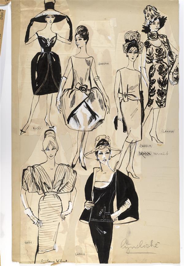 Modetekening van jurk Ricci, cocktailjurk Cardin, jurk Cardin, jurk Lanvin, jurk Madame Grès en…