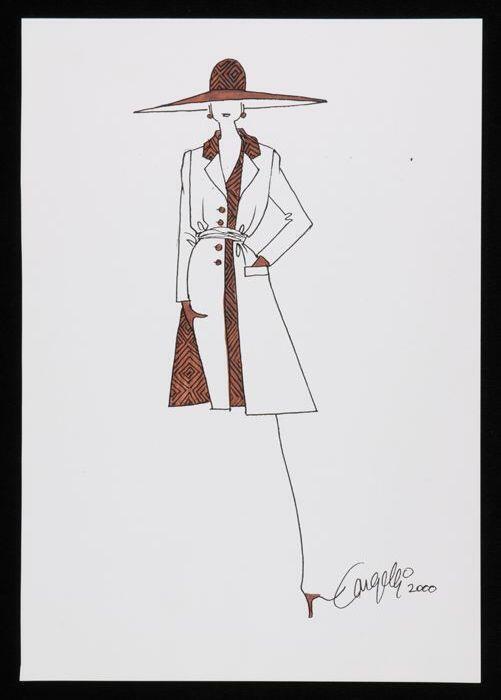 Mode-tekening, ontwerptekening in gemengde technieken op wit papier, "Cargelli 2000"