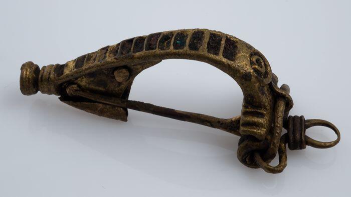 Fibula of mantelspeld, geheel compleet, rug met ingelegd email