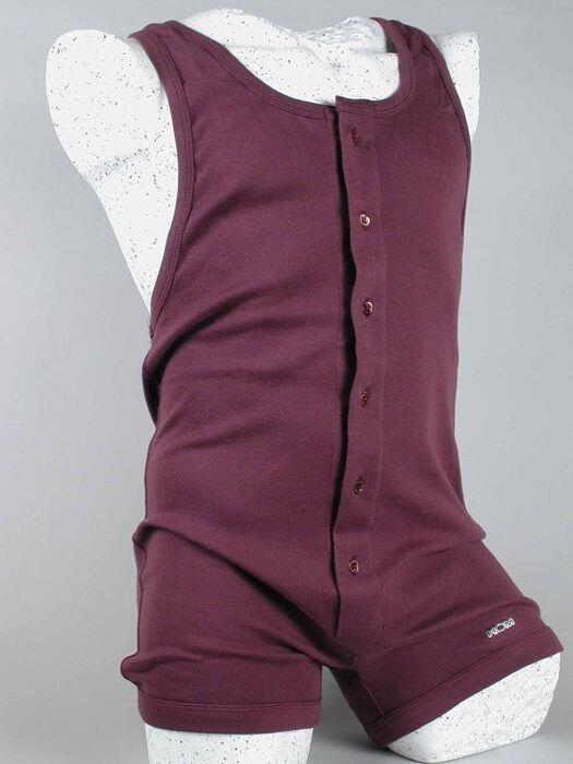 Bodystocking voor mannen, wijnrood tricot katoen mouwloos en met korte pijpen, knoopsluiting…