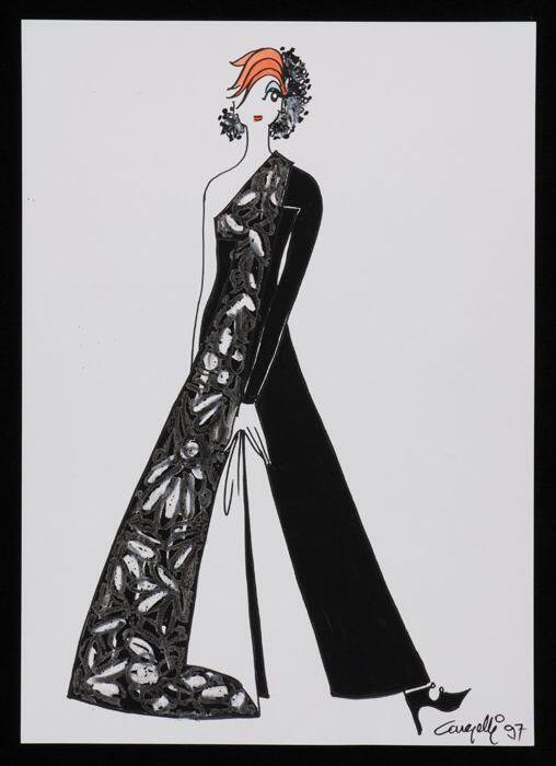 Mode-tekening, ontwerptekening in gemengde technieken op wit papier, "Cargelli 97"