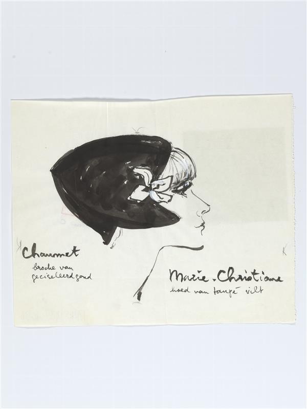 Modetekening van hoed Marie-Christiane en broche Chaumet