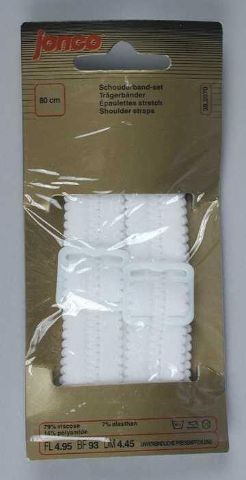 Schouderband-set van wit viscose op originele goudkleurige kaart, "Jonco"