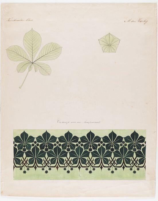 Drie tekeningen van een kastanjeblad, met twee gestileerde variaties, in inkt en aquarel op…