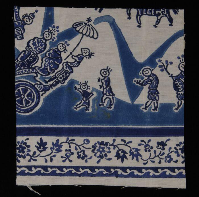 Stofstaal, katoen met dessin in Chinese mensfiguurtjes in verschillende tinen blauw, Kralingse…