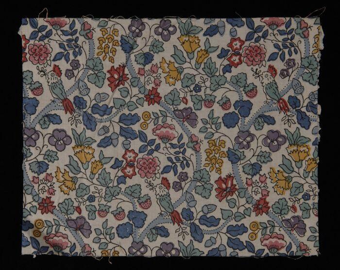 Stofstaal, katoen met veelkleurig dessin met bloemen en vogels, Kralingse katoenaatschappij, "3336"
