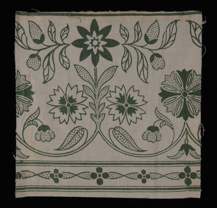 Stofstaal, katoen met dessin met bloemen en ranken in twee tinen groen, Kralingse katoenaatschappij…